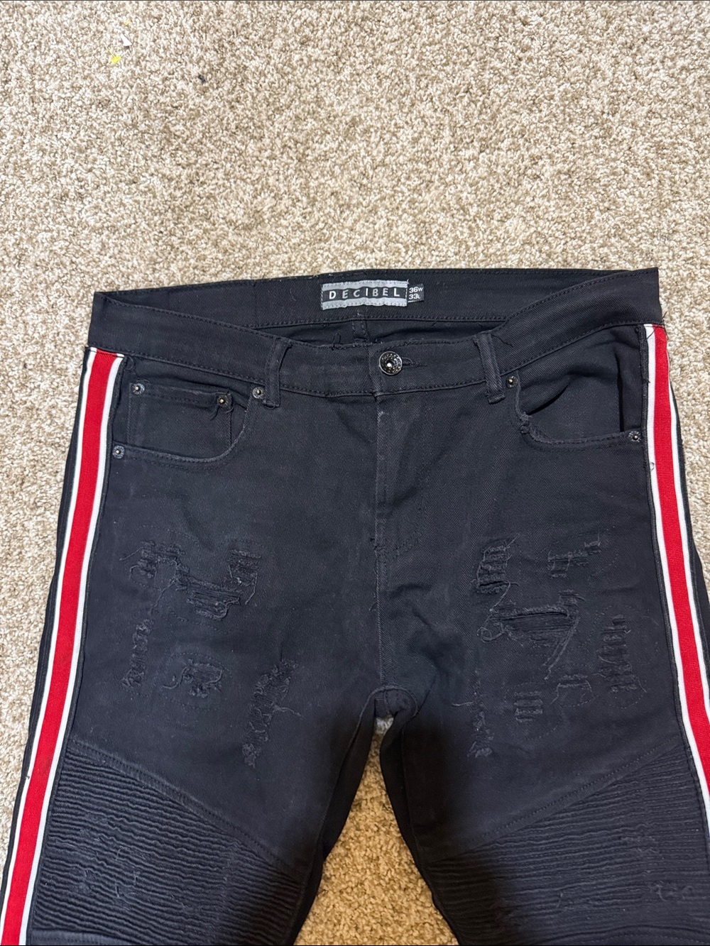 Decibel Men's Black Skinny Jeans with Red & White Side Stripes